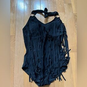 One Piece Fringe Halter Neck Black Swim Suit Womens Size Large